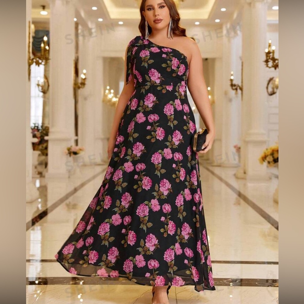 Belle Plus Allover Floral Print One Shoulder Dress